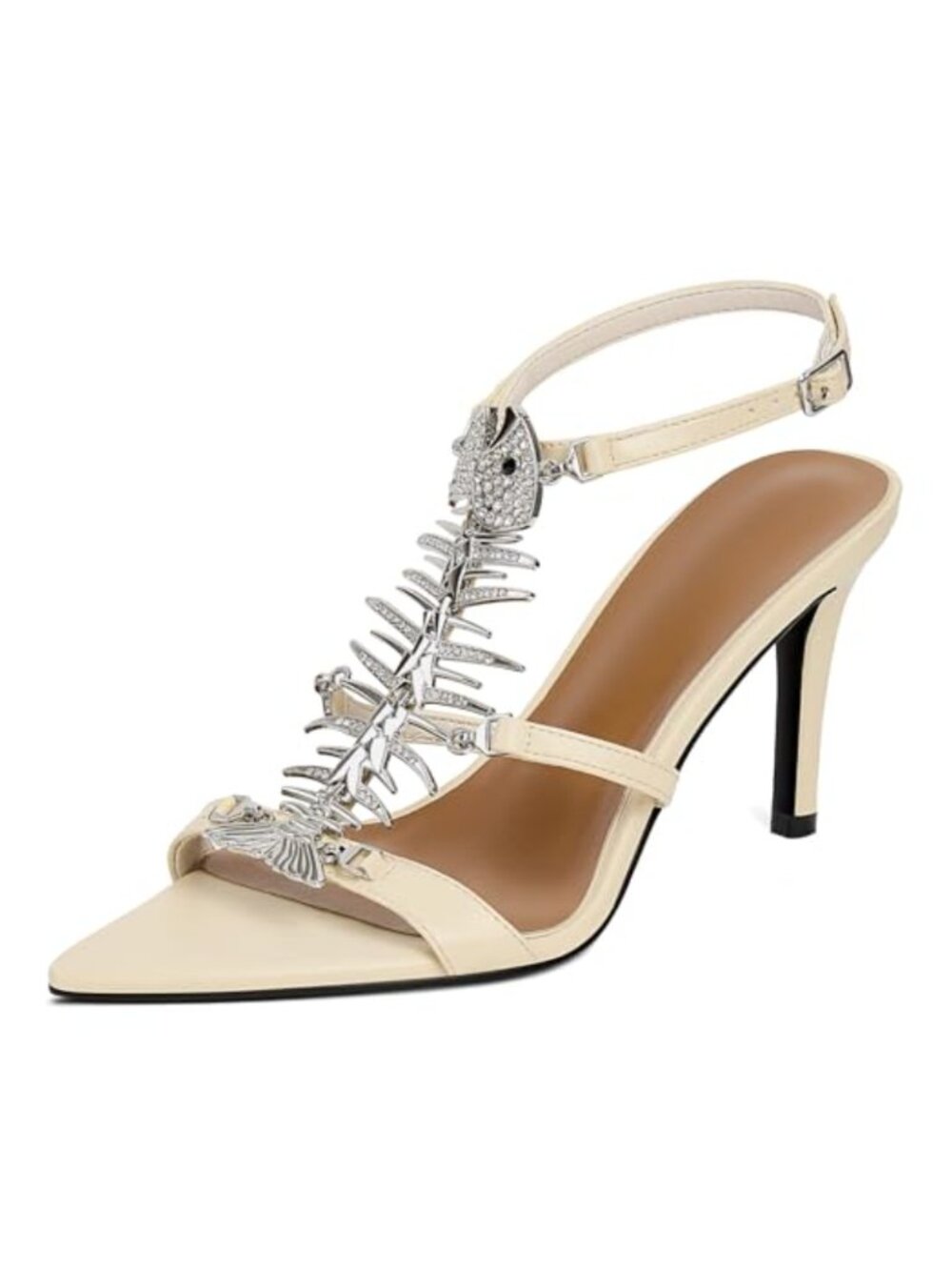 Womens Stiletto Heeled Sandals Faux Leather Rhinestone Pointed Open Toe Ankle